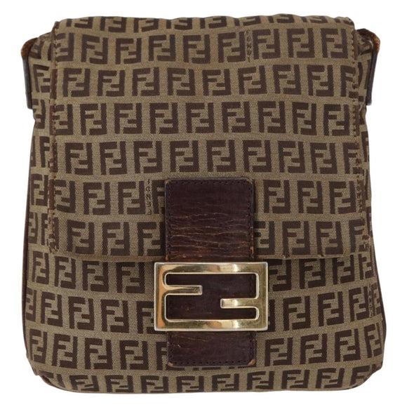 FENDI Zucchino Canvas Mamma Baguette Shoulder Bag Beige Gold Auth 156013