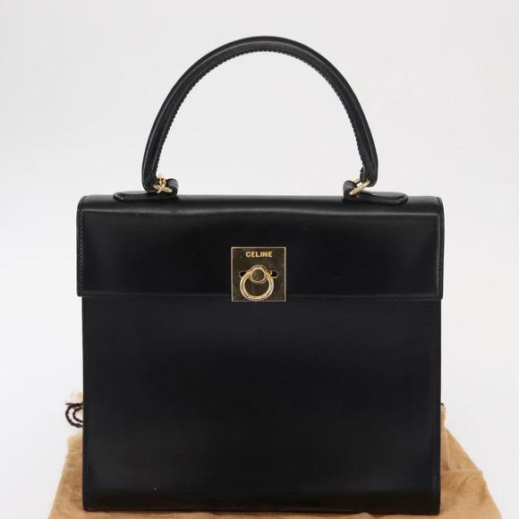 CELINE Hand Bag Leather Black Gold Auth 156020
