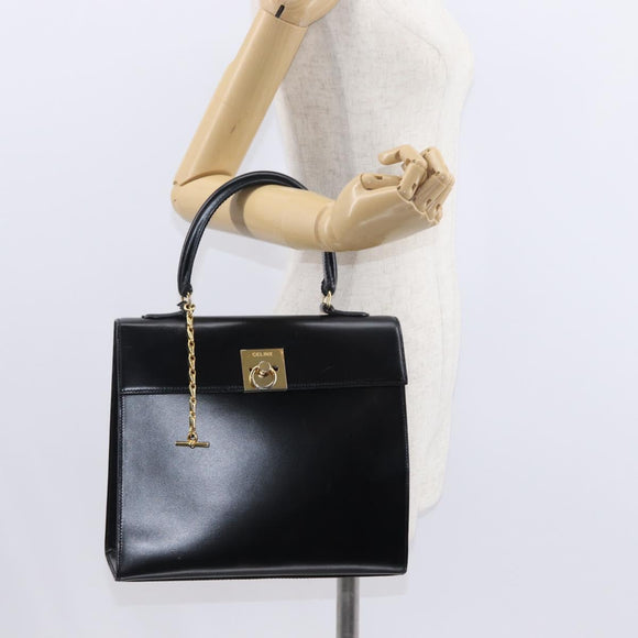 CELINE Hand Bag Leather Black Gold Auth 156020