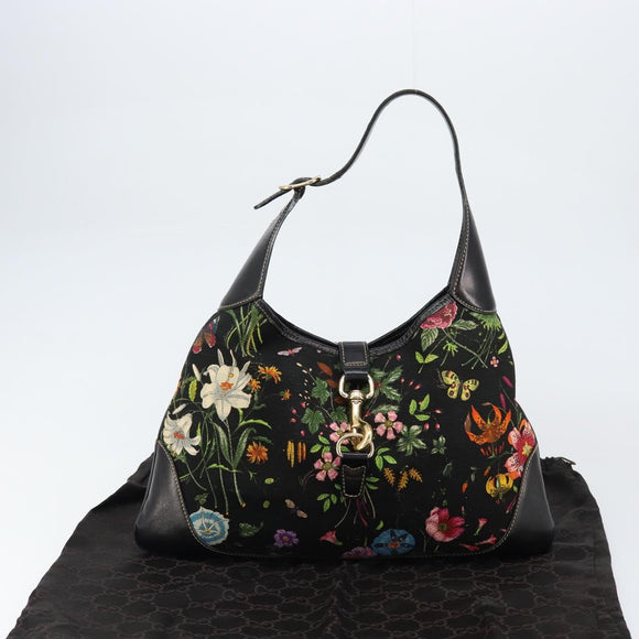 GUCCI Flora Shoulder Bag Canvas Black Gold 153029 Auth 156047