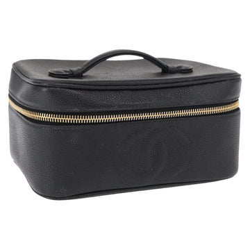 CHANEL COCO Mark Vanity Hand Bag Caviar Skin Black Gold CC Auth 156049