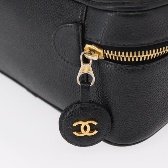 CHANEL COCO Mark Vanity Hand Bag Caviar Skin Black Gold CC Auth 156049
