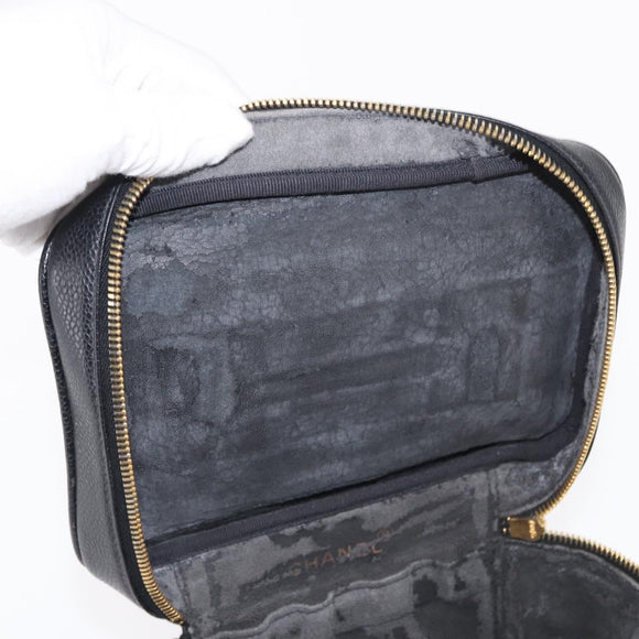 CHANEL COCO Mark Vanity Hand Bag Caviar Skin Black Gold CC Auth 156049