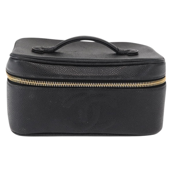 CHANEL COCO Mark Vanity Hand Bag Caviar Skin Black Gold CC Auth 156049