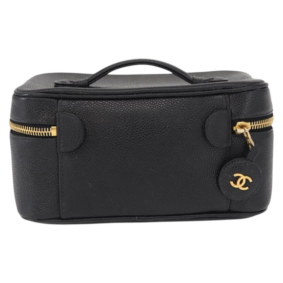 CHANEL COCO Mark Vanity Hand Bag Caviar Skin Black Gold CC Auth 156049