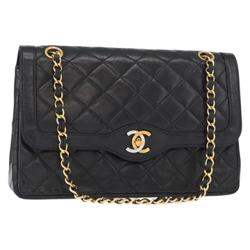 CHANEL Matelasse 25 Double Flap Paris Only Bag Lamb Skin Black CC Auth 156054