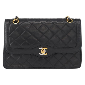 CHANEL Matelasse 25 Double Flap Paris Only Bag Lamb Skin Black CC Auth 156054 - 0