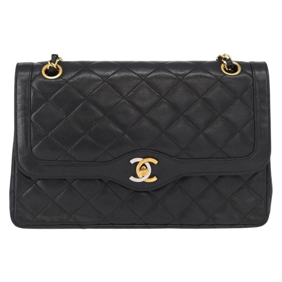 CHANEL Matelasse 25 Double Flap Paris Only Bag Lamb Skin Black CC Auth 156054