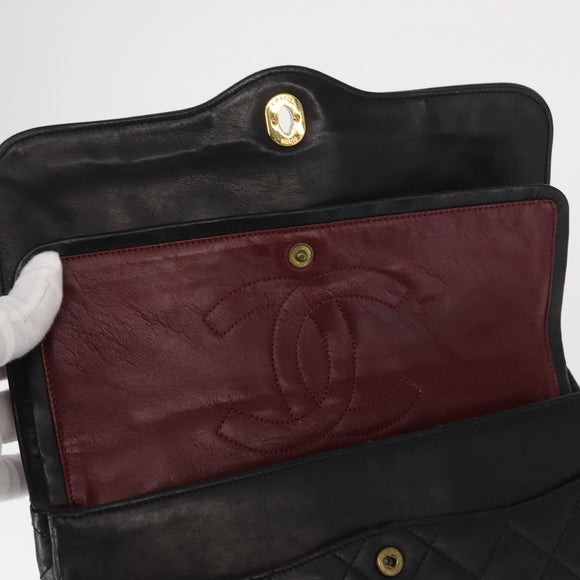 CHANEL Matelasse 25 Double Flap Paris Only Bag Lamb Skin Black CC Auth 156054