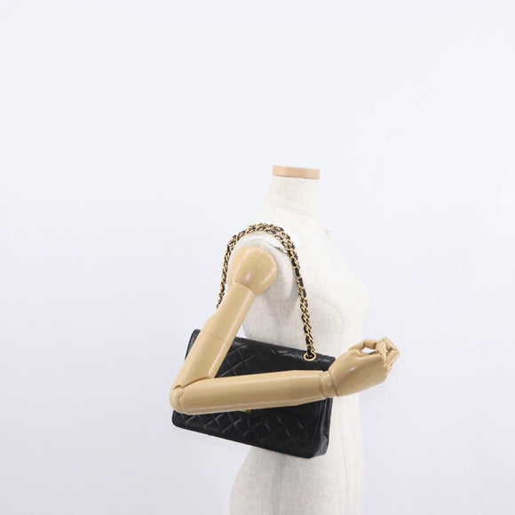 CHANEL Matelasse 25 Double Flap Paris Only Bag Lamb Skin Black CC Auth 156054