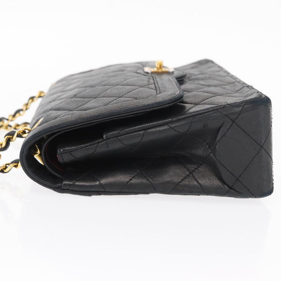 CHANEL Matelasse 25 Double Flap Paris Only Bag Lamb Skin Black CC Auth 156054