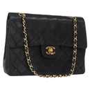 CHANEL Matelasse 25 Double Flap Chain Bag Lamb Skin Black Gold CC Auth 156055-1