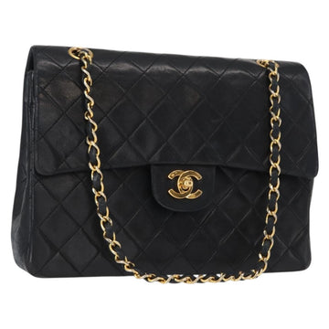 CHANEL Matelasse 25 Double Flap Chain Bag Lamb Skin Black Gold CC Auth 156055