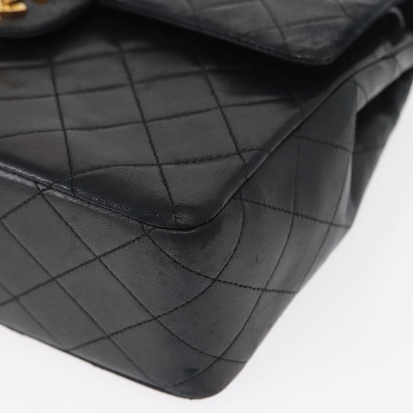 CHANEL Matelasse 25 Double Flap Chain Bag Lamb Skin Black Gold CC Auth 156055