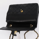 CHANEL Matelasse 25 Double Flap Chain Bag Lamb Skin Black Gold CC Auth 156055-20
