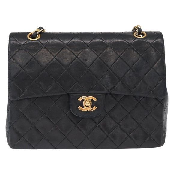 CHANEL Matelasse 25 Double Flap Chain Bag Lamb Skin Black Gold CC Auth 156055