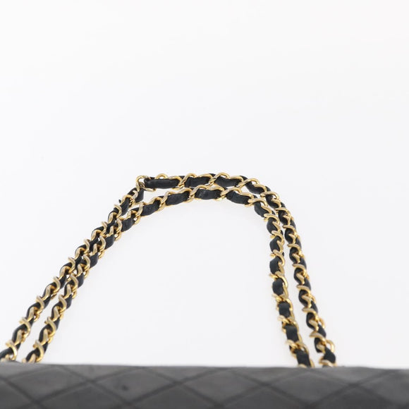 CHANEL Matelasse 25 Double Flap Chain Bag Lamb Skin Black Gold CC Auth 156055