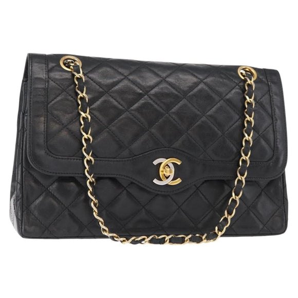CHANEL Matelasse 25 Double Flap Paris Only Bag Lamb Skin Black CC Auth 156056