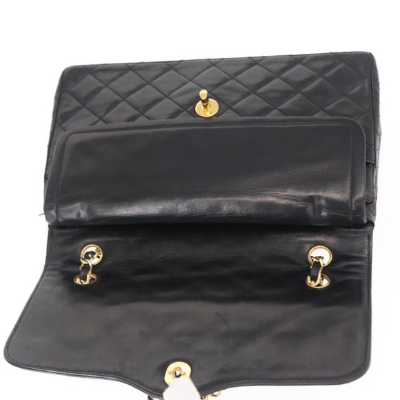 CHANEL Matelasse 25 Double Flap Paris Only Bag Lamb Skin Black CC Auth 156056