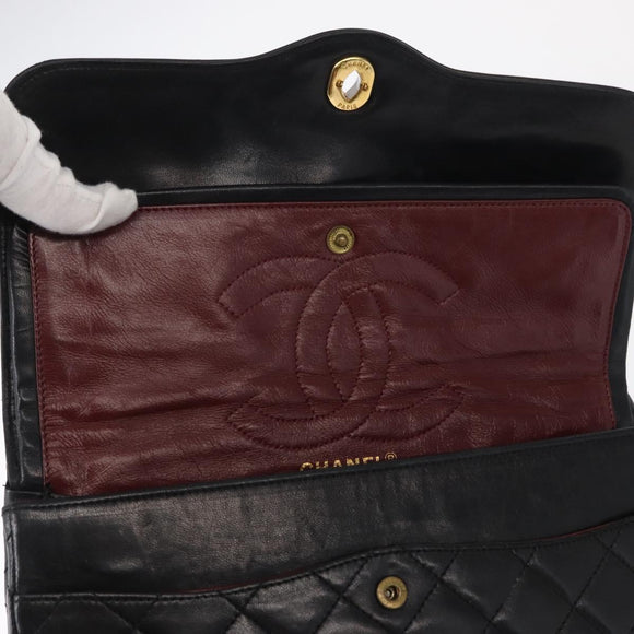 CHANEL Matelasse 25 Double Flap Paris Only Bag Lamb Skin Black CC Auth 156056