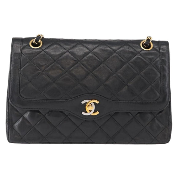 CHANEL Matelasse 25 Double Flap Paris Only Bag Lamb Skin Black CC Auth 156056
