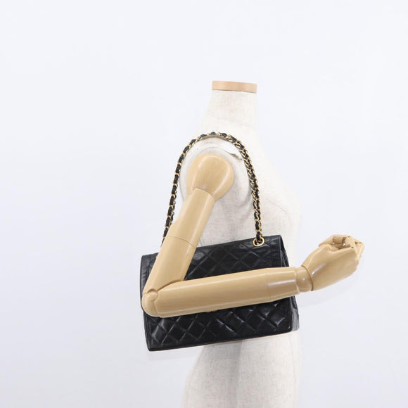 CHANEL Matelasse 25 Double Flap Paris Only Bag Lamb Skin Black CC Auth 156056