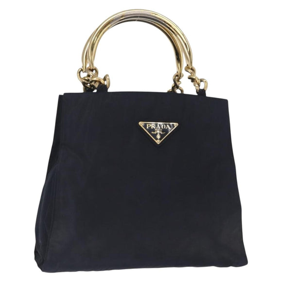 PRADA Hand Bag Nylon Navy Gold Auth 156119