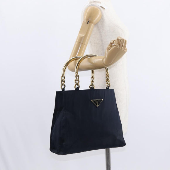 PRADA Hand Bag Nylon Navy Gold Auth 156119