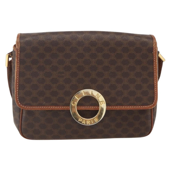 CELINE Macadam Canvas Umhängetasche PVC Leder Braun Gold Auth 156126