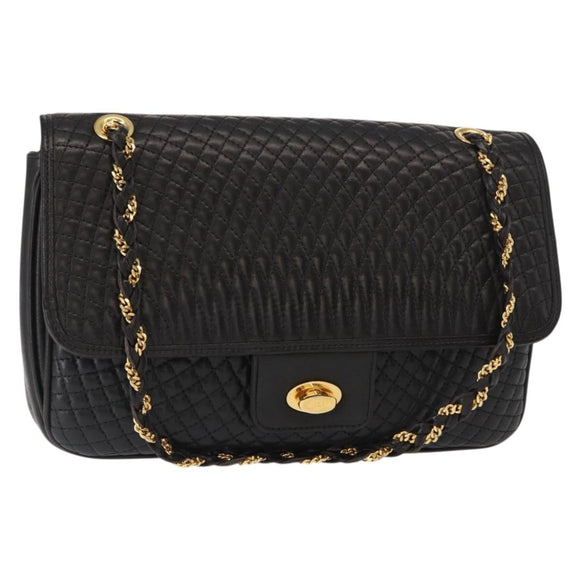 BALLY Chain Shoulder Bag Leather Black Gold Auth 156131