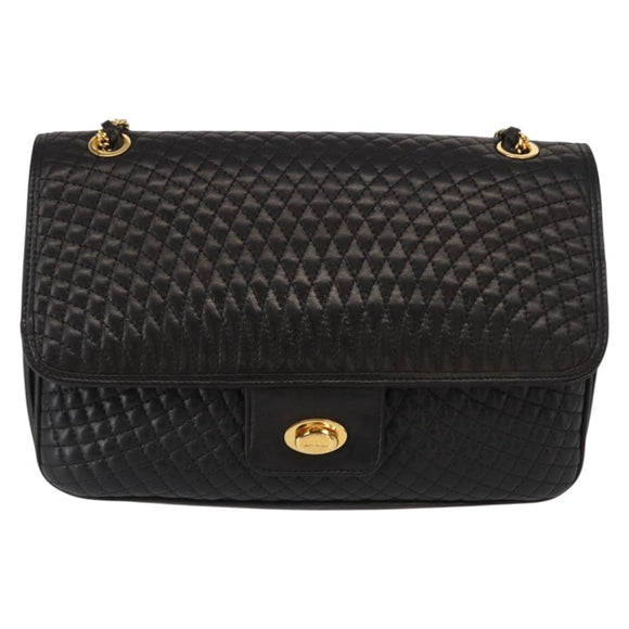 BALLY Chain Shoulder Bag Leather Black Gold Auth 156131