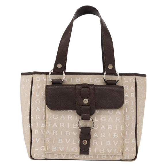 BVLGARI Logo Mania Hand Bag Canvas Beige Silver Auth 156135