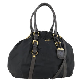 PRADA Hand Bag Nylon Leather 2way Black Gold Auth 156149