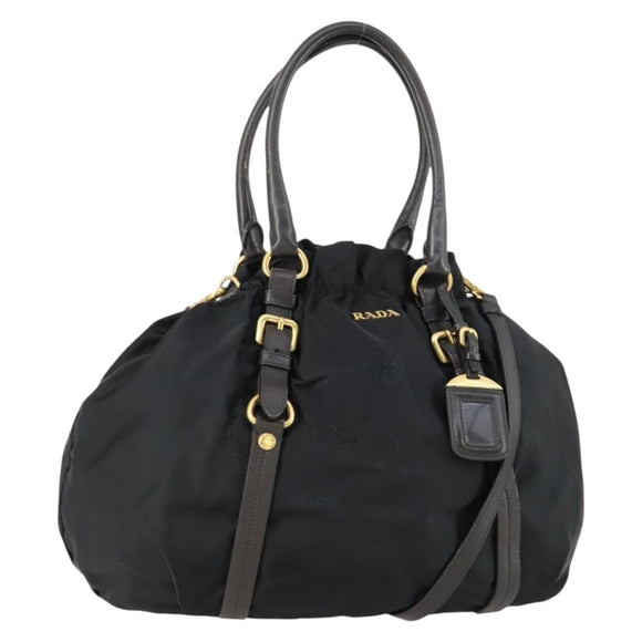 PRADA Hand Bag Nylon Leather 2way Black Gold Auth 156149