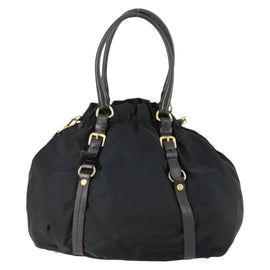 PRADA Hand Bag Nylon Leather 2way Black Gold Auth 156149 - 0