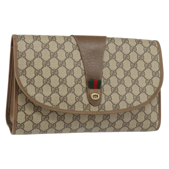 GUCCI GG Supreme Web Sherry Line Clutch Bag PVC Beige Gold 89 01 031 Auth 156166