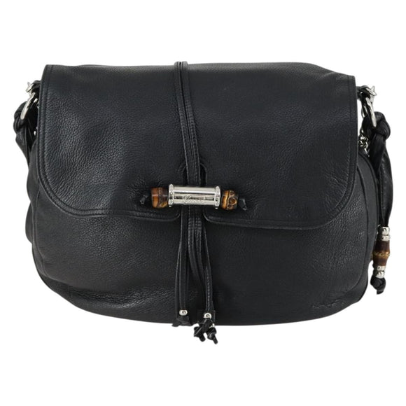GUCCI Bamboo Chain Shoulder Bag Leather 2way Black Silver 232940 Auth 156168