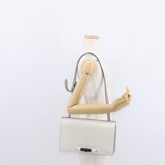 GUCCI Bamboo Shoulder Bag Leather White Silver 370817 Auth 156171