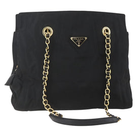 PRADA Chain Shoulder Bag Nylon Black Gold Auth 156178V