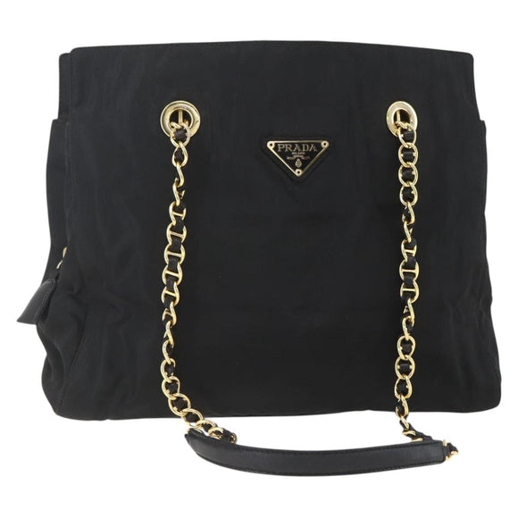 PRADA Chain Shoulder Bag Nylon Black Gold Auth 156178V