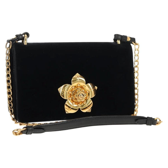 PRADA Schoudertas met Ketting Velours Zwart Zilver Auth 156179V