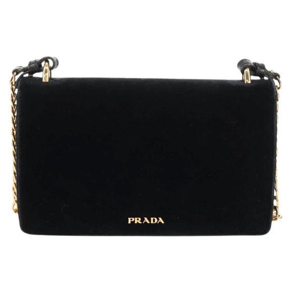 PRADA Schoudertas met Ketting Velours Zwart Zilver Auth 156179V