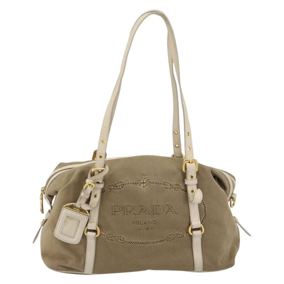 PRADA Tote Bag Canvas Brown Gold Auth 156181