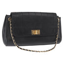 CHANEL Choco Bar Chain Shoulder Bag Lamb Skin Black Gold CC Auth 156186-1