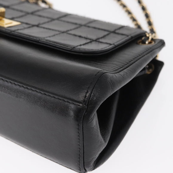 CHANEL Choco Bar Chain Shoulder Bag Lamb Skin Black Gold CC Auth 156186