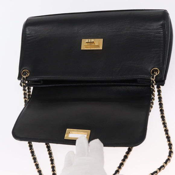 CHANEL Choco Bar Chain Shoulder Bag Lamb Skin Black Gold CC Auth 156186
