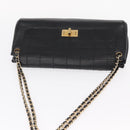 CHANEL Choco Bar Chain Shoulder Bag Lamb Skin Black Gold CC Auth 156186-6