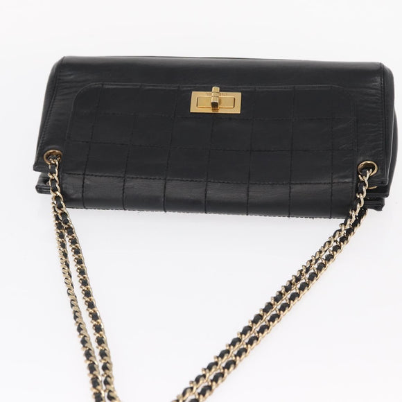 CHANEL Choco Bar Chain Shoulder Bag Lamb Skin Black Gold CC Auth 156186