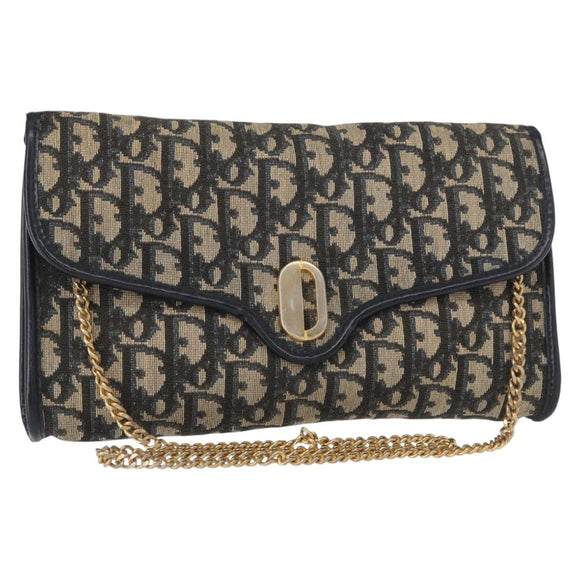 Christian Dior Trotter Canvas Chain Shoulder Bag Navy Gold Auth 156241