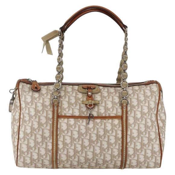 Christian Dior Trotter Canvas Romantic Chain Bag PVC Beige Silver Auth 156248